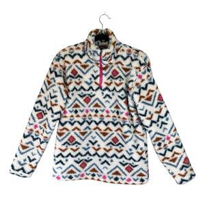 Eddie Bauer Sweater Womens White 1/4 Zip Aztec Pullover Sherpa Fleece XS Mock Ne